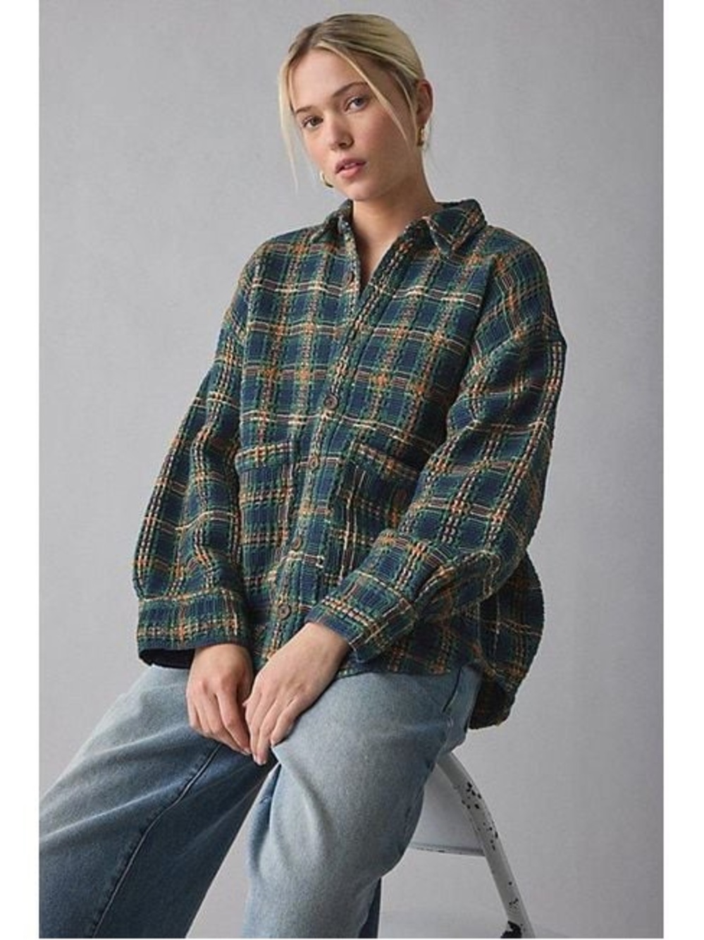 Urban Outfitters Bryson Green Plaid Lightweight Shacket with Yellow and Navy